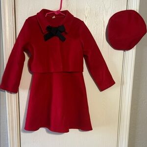 Red Dress and Beret Set with Black Bow